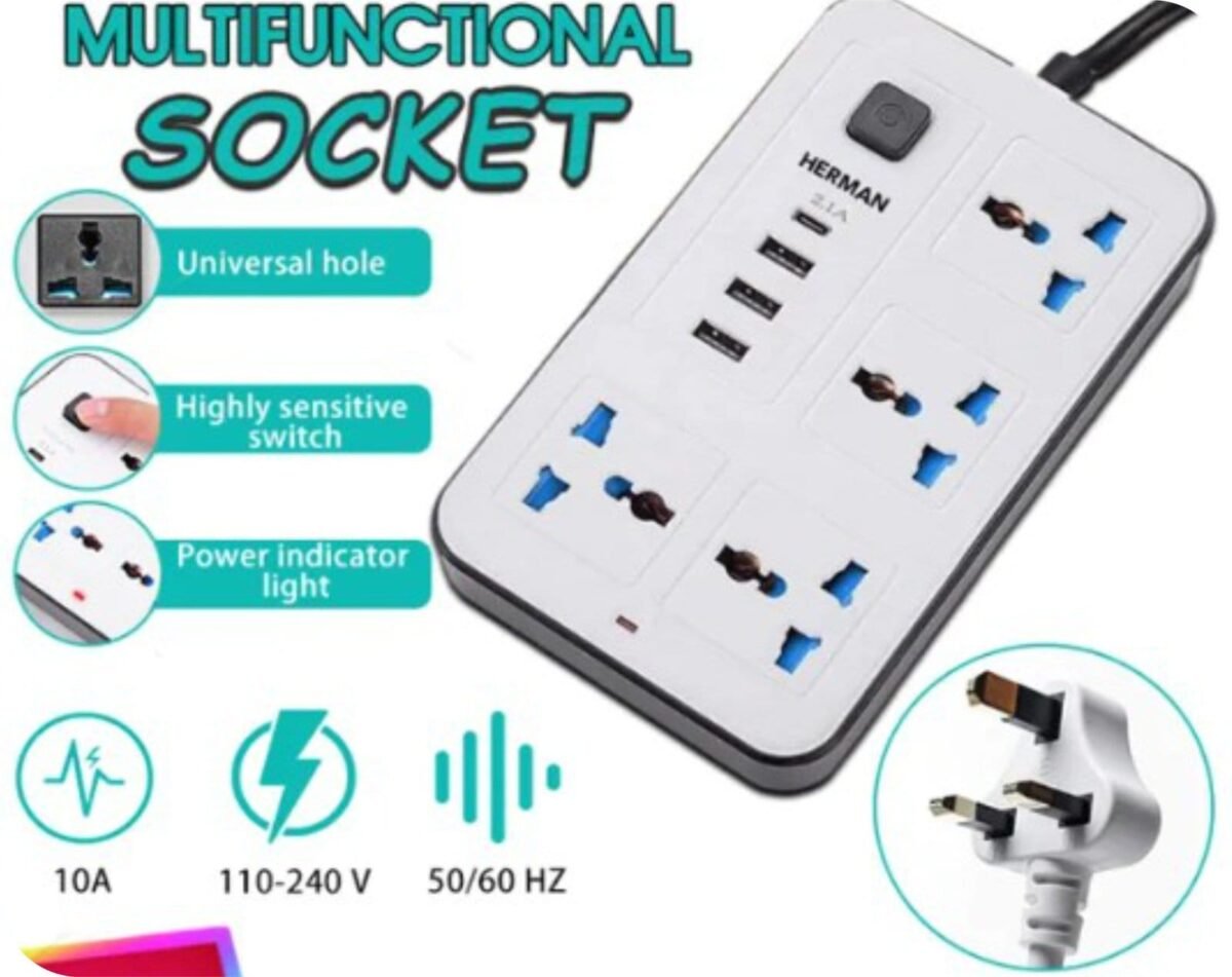 Universal Extension Multi Cord with Power Socket -Black