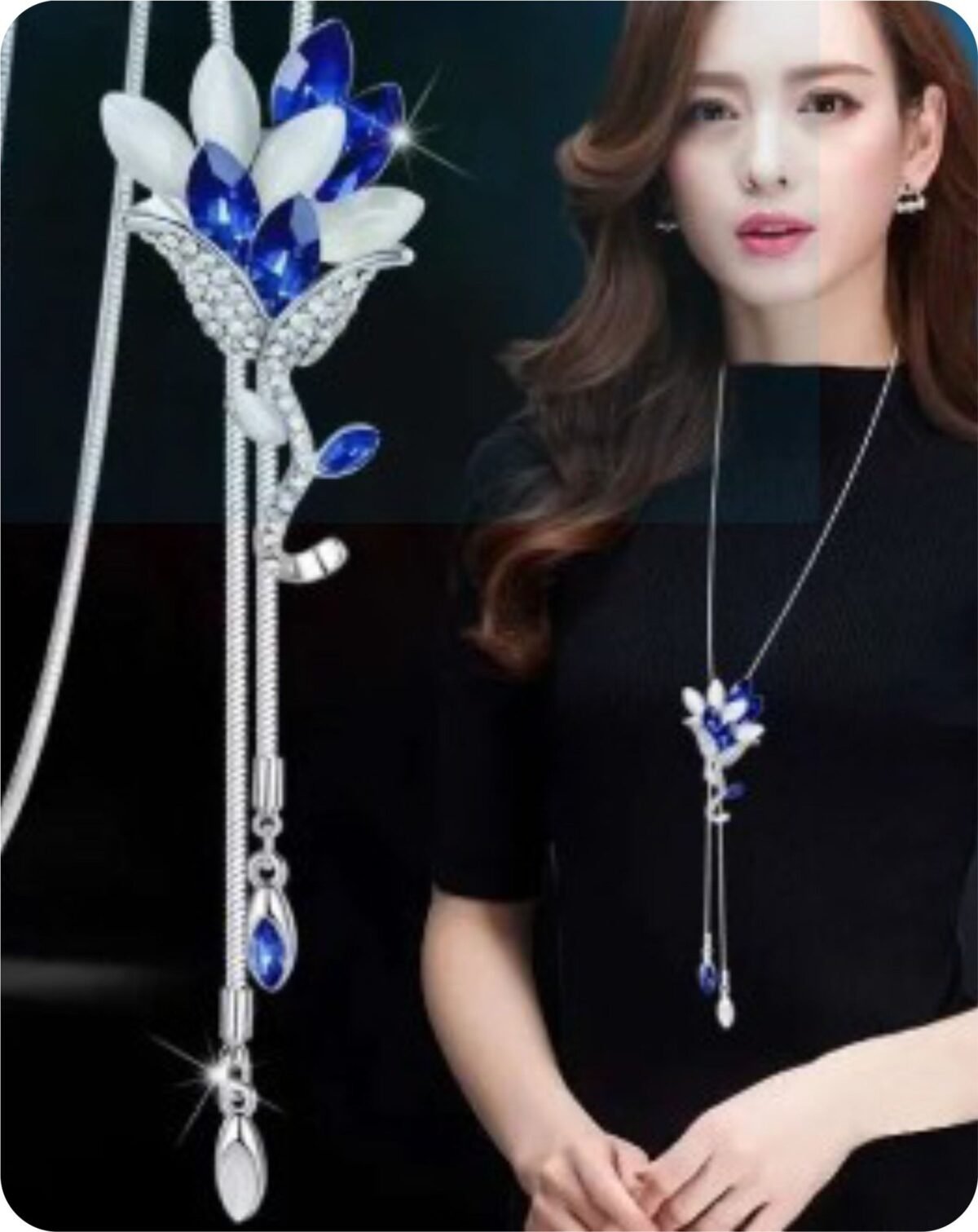 Rhinestone Imitation Pearl Long Chain -Silver