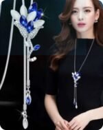 Rhinestone Imitation Pearl Long Chain -Silver