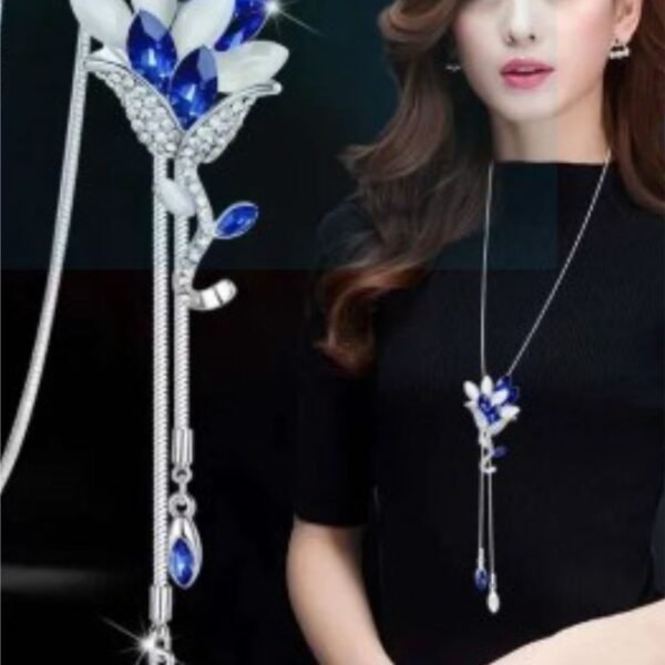 Rhinestone Imitation Pearl Long Chain -Silver