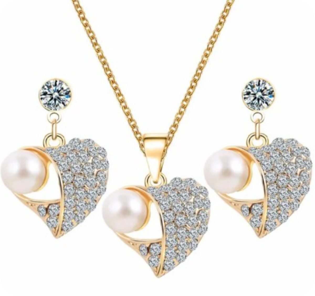 Faux Pearl Rhinestone Stud Earrings Pendant Necklace Set-Gold Color